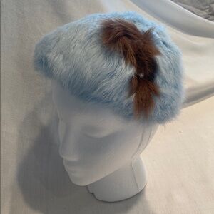 Stylish Vintage Juliette Style Blue and Brown Women's Fur Hat with Pearl detail